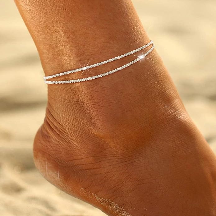 Ritach Ankle Bracelets for Women - Silver/Gold Plated Stainless Steel Anklets for Women Waterproof Layered Cuban Link Figaro Chain Heart Anklets Set Summer Beach Jewelry Gifts