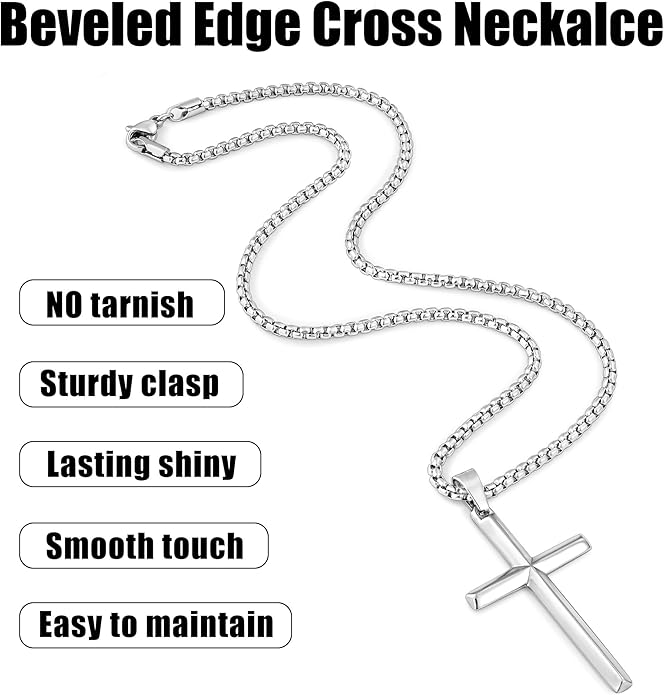Fiusem Beveled Edge Cross Necklace for Men, Silver Tone/Black/14K Gold Plated Mens Cross Necklace, 2.5MM Stainless Steel Box Chain with Pendant