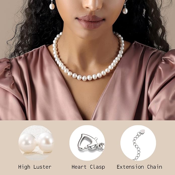Freshwater Cultured Pearl Necklace, Real Pearl Necklace with Silver Chain and Clasp, Jewelry for Brides Wedding Gifts for Women Her Wife Sister