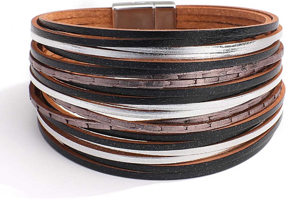 hotoo Handmade Layered Leather Bracelets Wrap for Women Stackable Chunky Colored Men Cuff Bracelet Wristband Bangle Gifts