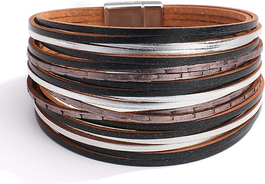 hotoo Handmade Layered Leather Bracelets Wrap for Women Stackable Chunky Colored Men Cuff Bracelet Wristband Bangle Gifts