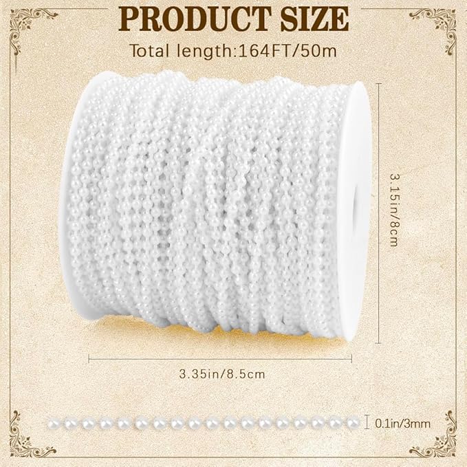 Pearl Beads Garland, 3mm String of Pearls, 164FT Pearl Garland for Christmas Tree, Christmas Faux Pearls Strand Roll for DIY Craft Xmas Wedding Party Supplies Flowers Decoration