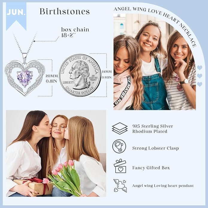 Heart Necklaces Valentine's Gift for Women, Birthstone 925 Sterling Silver Angel Wings Love Pendant Necklaces for Women, Jewelry Gifts for Wife, Anniversary, Mother's day