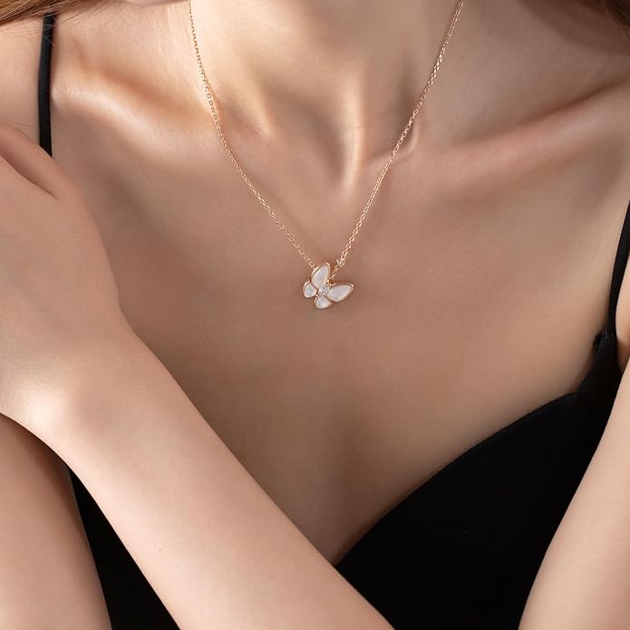 18K Rose Gold Sterling Silver Butterfly Necklace for Women, Mother of Pearl Pendant Necklace, Valentines Day Gift for Her, Wife, Mom, Gift Ready in Elegant Jewelry Box