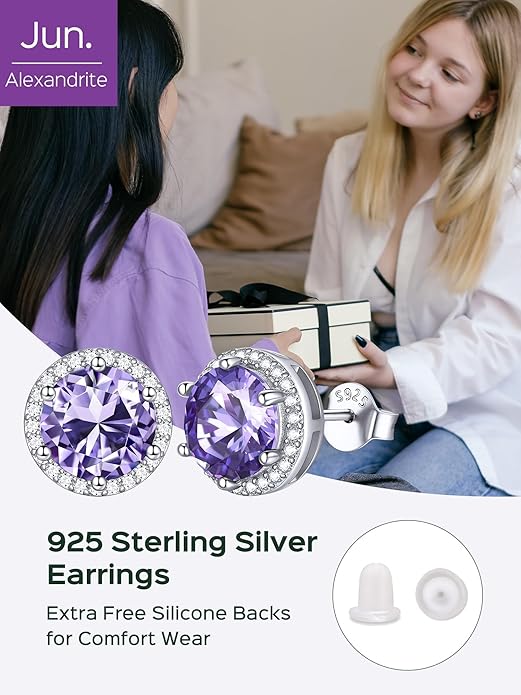 ChicSilver 925 Sterling Silver Birthstone Earrings for Women, 8MM/2 Carat Heart & Round Cubic Zirconia Stud Earrings, Hypoallergenic Jewelry, Ideal Birthday or Christmas Gifts