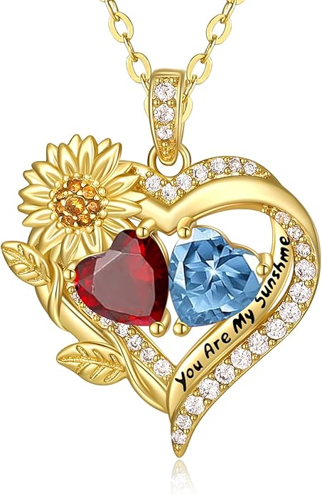 Sunflower Heart Necklace for Women 14K Gold Exquisite Anniversary Birthday Gifts for Wife Mother Her Double Birthstone Pendant jewelry‘You Are My Sunshine’