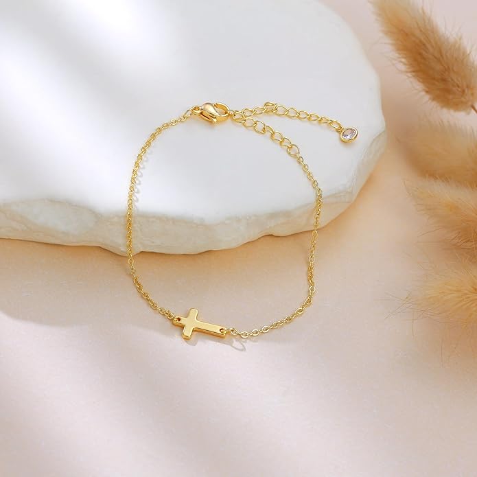 Moodear Christmas Gifts Sotcking Stuffers, Dainty 925 Sterling Silver/14k Gold Plated CZ Cross Bracelet Layered Snake Pearl Chain Knot Bracelets for Women Trendy Religious Christian Jewelry