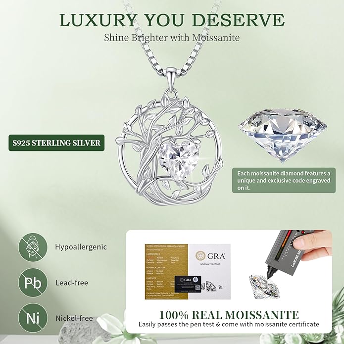 Moissanite Heart Necklaces for Women, 18K White Gold Plated 925 Sterling Silver 1-3CT Moissanite Pendant Jewelry Wedding Anniversary Birthday Christmas Gifts for Wife Mom Girlfriend Sister Grandma