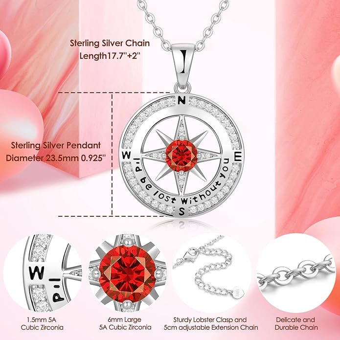 Zifeel Compass Necklace Gifts for Women wife - S925 Sterling Silver Birthstone Necklaces for Women - Anniversary Birthday Gifts for Her Wife Girlfriend - Valentines Mom Mothers Day Christmas Gifts Jewelry for Women