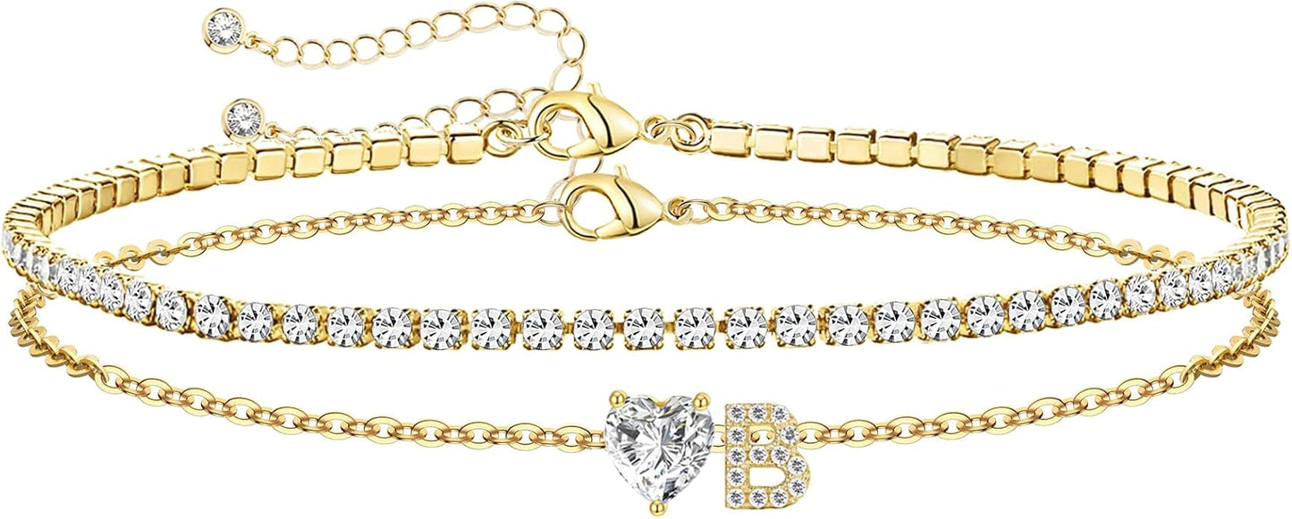Gold Initial Ankle Bracelets for Women Waterproof 14K Gold Filled Layered Anklets for Women Non Tarnish Women's Anklets Adjustable Large Ankle Summer Beach Foot Jewelry