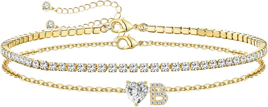 Gold Initial Ankle Bracelets for Women Waterproof 14K Gold Filled Layered Anklets for Women Non Tarnish Women's Anklets Adjustable Large Ankle Summer Beach Foot Jewelry