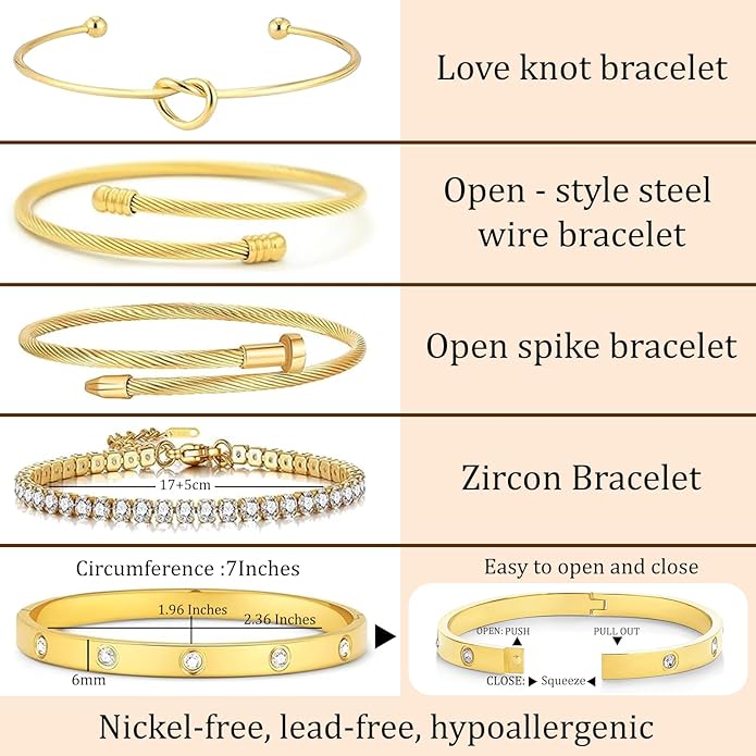 FAFUGA 18 K Gold Plated Love Bangle Bracelet Stack Cuff Jewelry for Women Jewelry Set for Women Gift with Box