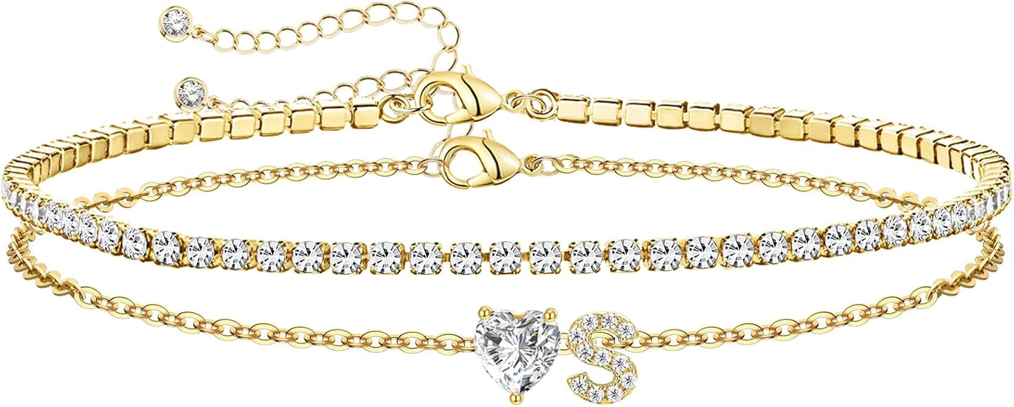 Gold Initial Ankle Bracelets for Women Waterproof 14K Gold Filled Layered Anklets for Women Non Tarnish Women's Anklets Adjustable Large Ankle Summer Beach Foot Jewelry