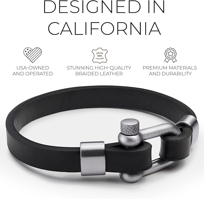 Elegatto Morelle Premium Leather Bracelet for Men | Full-Grain Black Leather with Silver Polished Stainless Steel Shackle Closure | Men’s Designer Jewelry