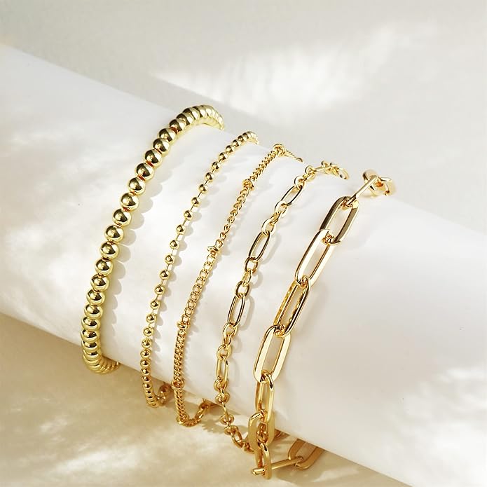 DEARMAY Waterproof Gold Plated Bracelets Set for Women Trendy, Dainty 14K Gold Jewelry Fashion Stackable Tennis Beaded Figaro Herringbone Paperclip Link Bracelet Pack Stack Gifts for Women