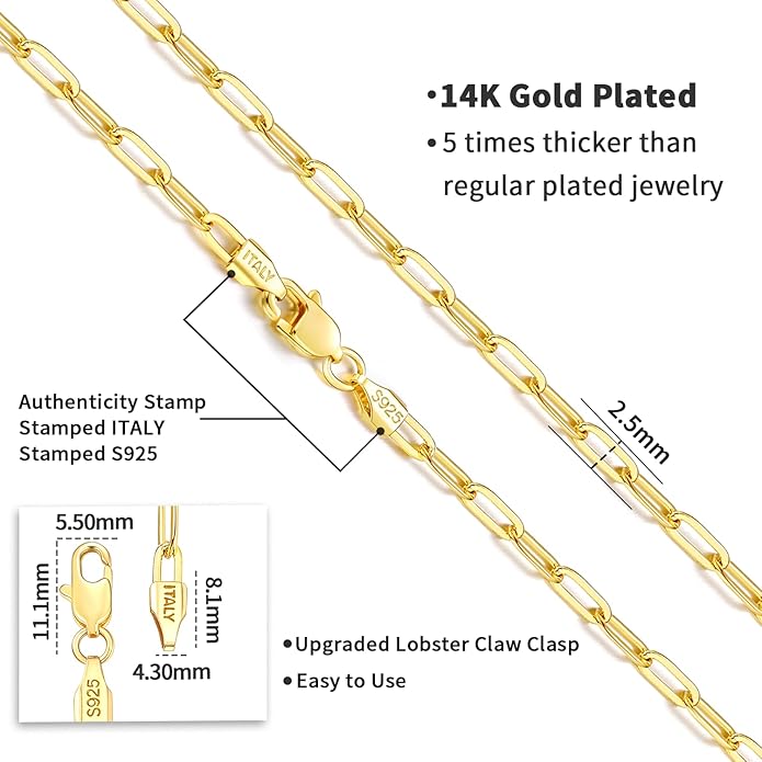 Jewlpire 14K Gold Plated 925 Sterling Silver Paperclip Chain Necklace for Women, 2.5mm 3mm Necklace for Women, Comfortable Women's Chain Necklaces 16 18 20 22 24 26 Inch