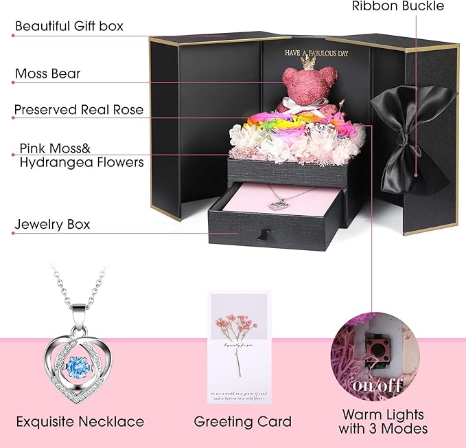 ADDWel Preserved Rose Gifts for Her, Forever Real Rainbow Flowers with Sterling Silver Necklace for Wife Girlfriend Mom on Birthday Anniversary