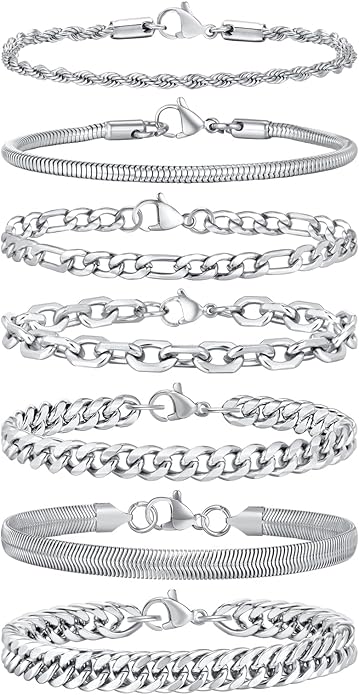VNOX 5/7 Pcs Chain Bracelet for Men Women - Sturdy Stainless Steel Curb Width Cuban Link Chain Bracelet Set for Men Women,6.5/7/7.4/8.2/9 Inches