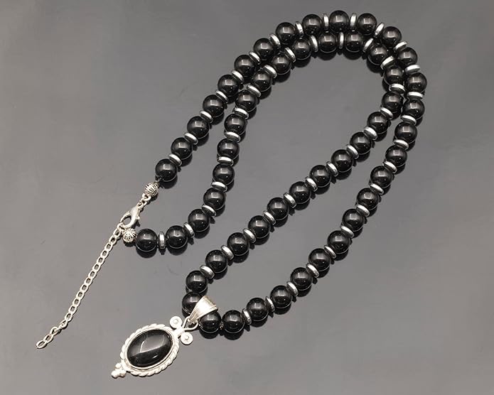 Natural Carnelian Agate Silver Pendant, Genuine Black Onyx Beaded Necklace, Gemstone Strong Necklace, 18x13 Cabachon, Fashion Dainty Jewelry, Healing Crystal Chakra Necklace, Minimalist Necklace