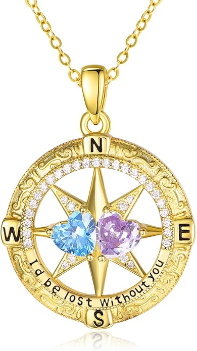 Zeuslia Double Birthstone Necklace Gifts for Wife - 925 Sterling Silver Sunflower/Rose/Crown Cross/Compass/Heart Pendant I Love You Necklace, Anniversary Birthday Gifts for Wife Girlfriend Mom Her
