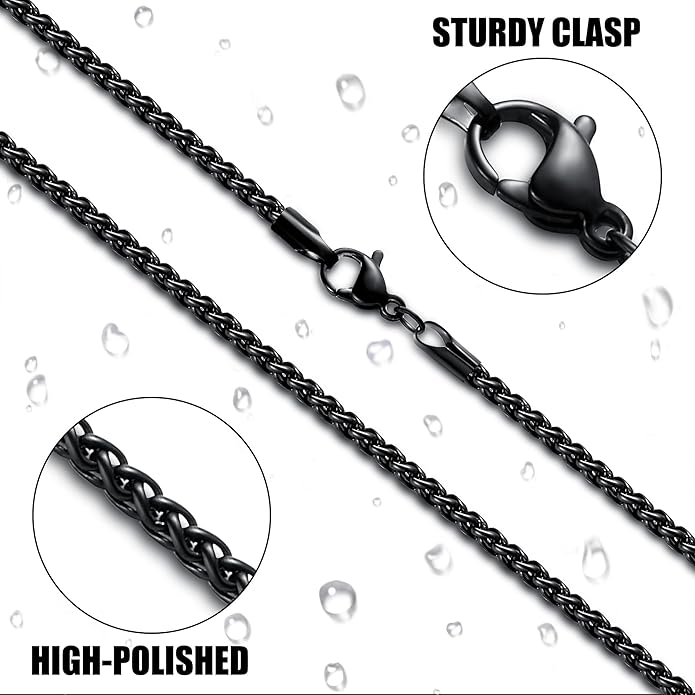 Fiusem Black Wheat Chains for Men and Women, 2/2.5/3/4/5mm Stainless Steel Necklace Chain, Mens Necklace Jewelry Gift 16-28 Inch