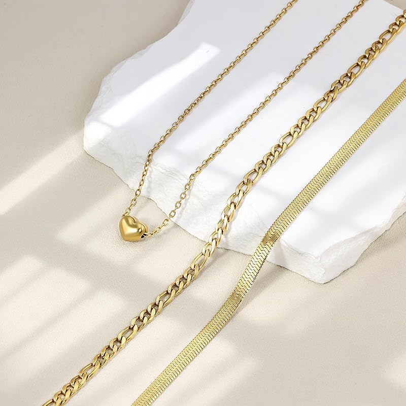 Layered Necklaces for Women,14k Gold Plated Dainty Necklace Stack Set,Non Tarnish Adjustable Stainless Steel Heart Pendant Paperclip Choker Herringbone Snake Chain Jewelry