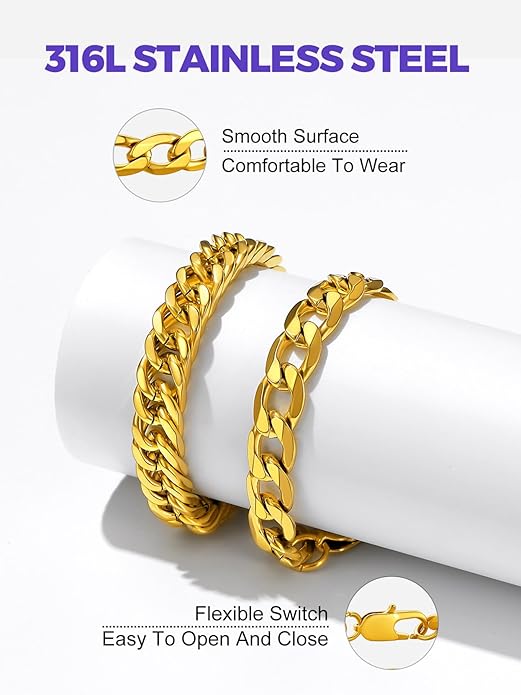 Richsteel 2PCS/3PCS Bracelets Chain for Men Women Stainless Steel Silver/Gold/Black Cuban/Rope Link Chain Bracelets Set, 7.4/8.2/9 Inch Hand Chain Length for Men Women Jewelry