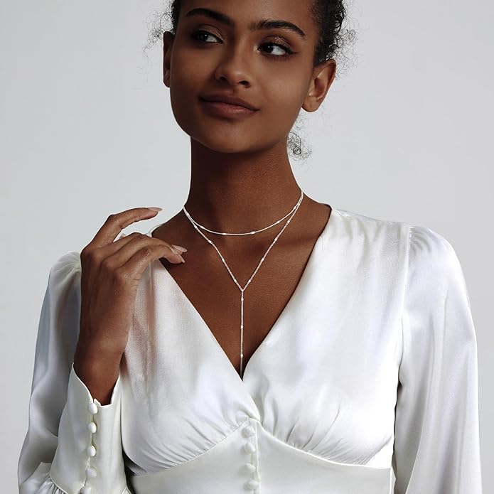 Lariat Silver/Gold Necklace for Women 925 Silver/14K Gold Plated Dainty Long Necklace Y-Shaped Drop Pendant Necklaces Choker Trendy Chain Simple Layered Necklaces CZ Jewelry for Women Set Gift