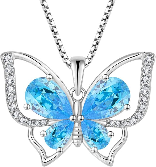 YL Women's Butterfly Necklace 925 Sterling Silver Flower Rose Pendant Birthstone Halo Jewelry