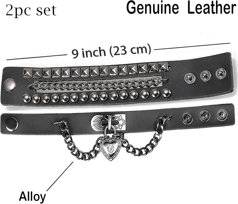 Perfect 4U Rivet Bracelet Multilayer Black Leather Cuff Heart Pendant Bangle Studded Chain Wrist Punk Sports Rock Bracelet Adjustable
