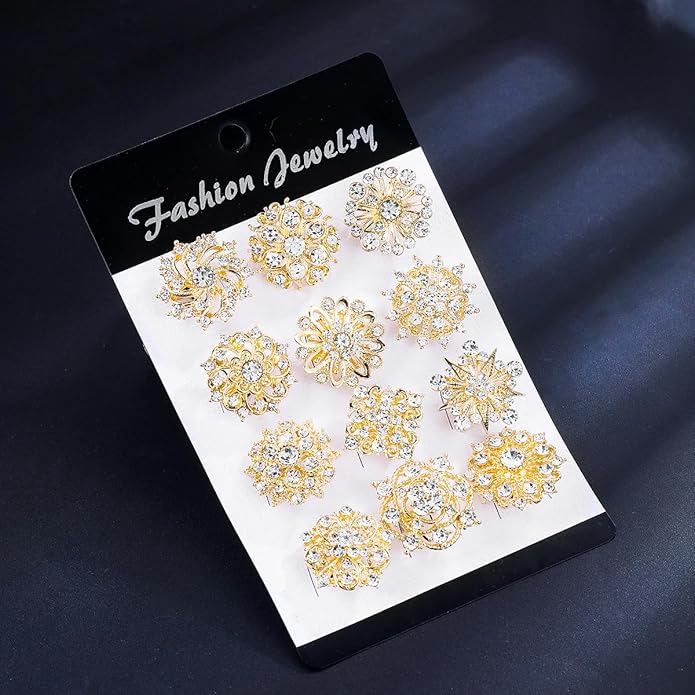 Assorted Small Size Crystal Rhinestone Flower Brooch Pins Set for Crafts Embellishment, Wedding Bouquet Brooches for Women Fashion