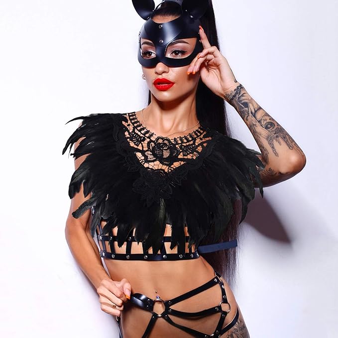 L'VOW Real Black Feather Harness Lace Collar Necklace Bib Halloween