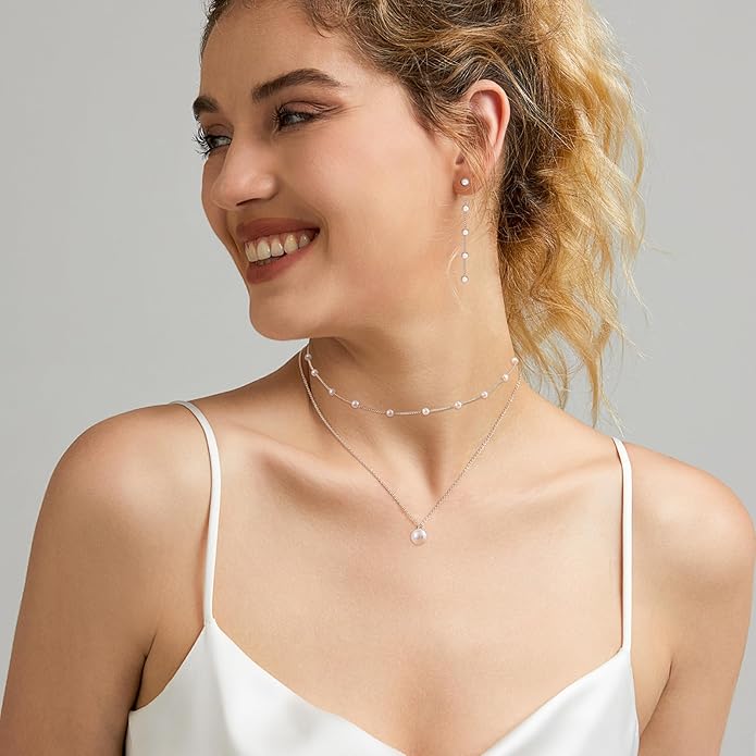 Gold Jewelry Set for Women - Dainty 14K Gold/Silver Plated Pearl Choker Necklace, Drop Earrings & Bracelets - Wedding Trendy Pearl Jewelry Gift