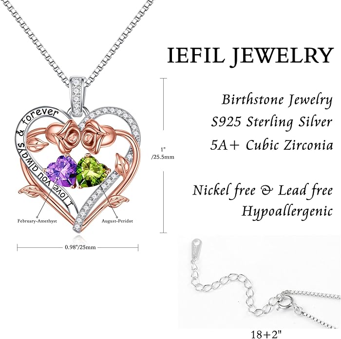 Iefil Rose Heart Double Birthstone Necklace Gifts for Wife Her Mom Women, Birthstone Jewelry Gemstone Birthday Gifts for Girlfriend Grandma Her Wife Women