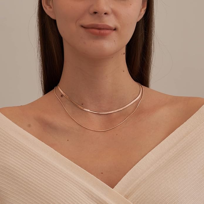 CHESKY 14K Gold/Silver Plated Snake Chain Necklace Herringbone Necklace Gold Choker Necklaces for Women Gifts Jewelry 1.5/3/5MM(W) 14"/16"(L)