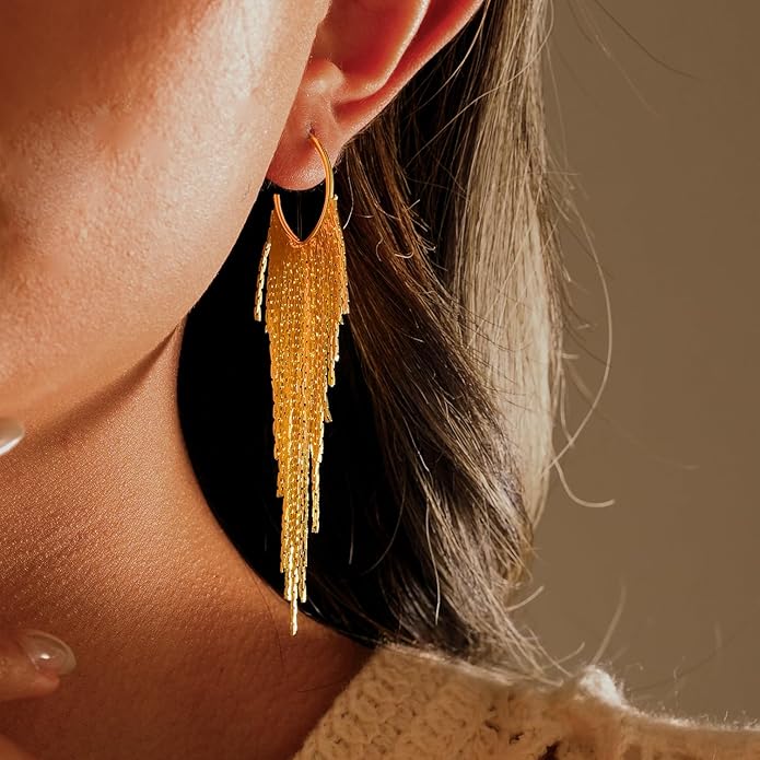 Gold Earrings for Women, 14K Gold Plated Tassel Dangle Earrings for Women Trendy Hypoallergenic Long Chain Earring Dainty Pearl Drop Earrings Elegant Wedding Earring Fashion Jewelry for Womens