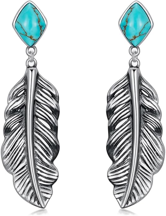 Genuine Turquoise Leaf Earrings, Sterling Silver Dangle Drop Vintage Boho Feather Earrings Birthday Gift for Women
