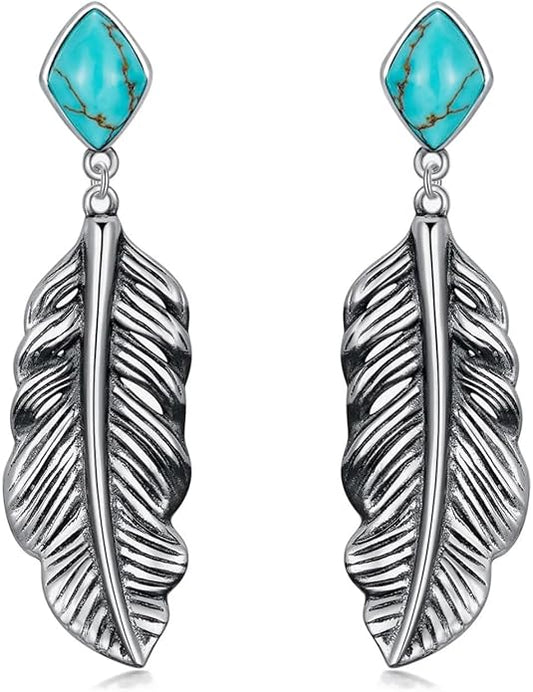 Genuine Turquoise Leaf Earrings, Sterling Silver Dangle Drop Vintage Boho Feather Earrings Birthday Gift for Women