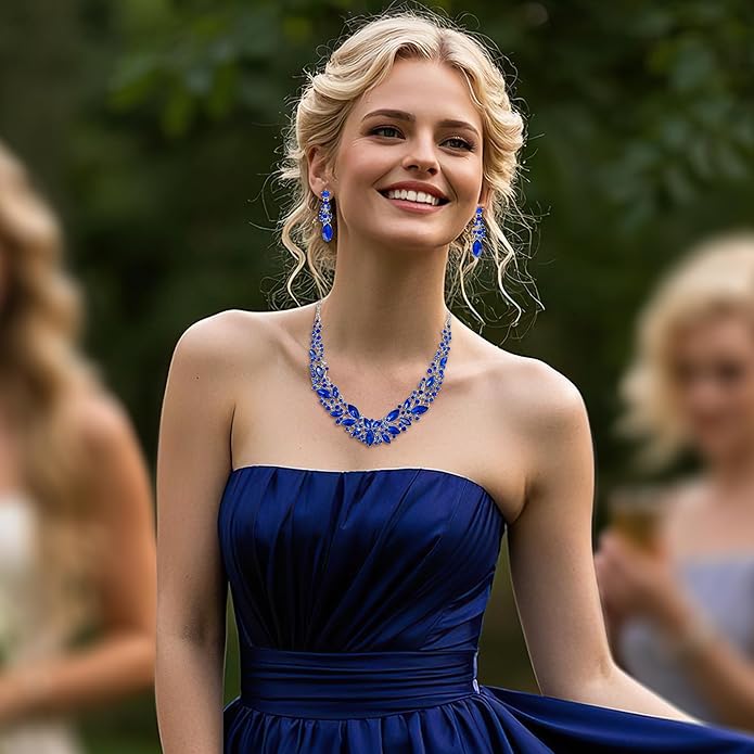 BriLove Women's Wedding Bridal Austrian Crystal Marquise Cluster Collar Necklace Dangle Earrings Set