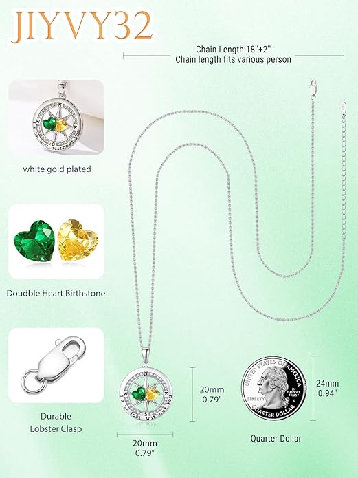JIYVY32 Compass Birthstones Necklace for Women, Exquisite S925 Necklace Anniversary Birthday Gifts for Wife Her Double Birthstone Pendant jewelry ‘I'd be Lost Without You’