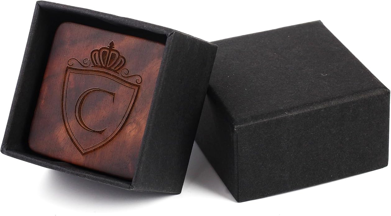 Mens Initial Silver Cufflinks A-Z Alphabet Letter Steel Cuff Links with Engraved Walnut Wood Box Groom Groomsman Wedding Set…