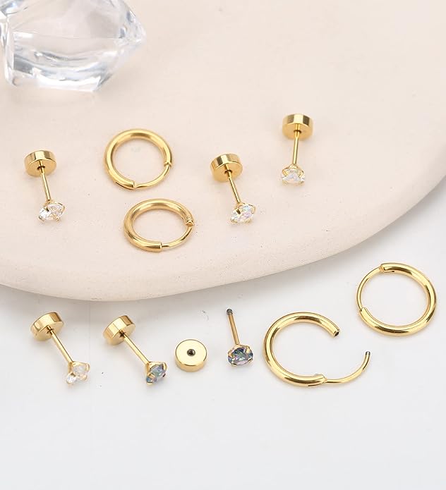 MJust Titanium Earrings for Sensitive Ears 20G Hypoallergenic Stud Hoop Earrings for Women Men Opal Ball CZ Heart Pearl Flat Back Earrings Cartilage Earrings Set