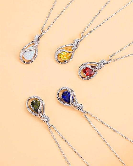 FANCIME TimelessTie Birthstone Necklace for Women White Gold Plated Sterling Silver Ribbon Design Jewelry Knot Pendant Fine Jewelry Gemstone Birthday Graduation Anniversary Christmas Gifts for Women Wife Mother Her