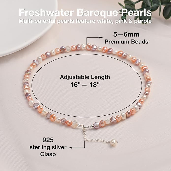Natural Pearls Choker Necklace for Women Freshwater Baroque Pearl Strand Necklace Chain Cultured Baroque Pearl 18K Gold Plated & S925 Sterling Silver Clasp Choker