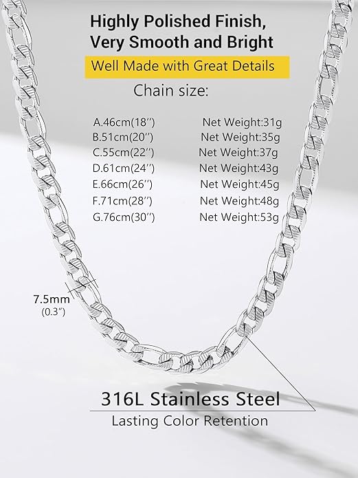 PROSTEEL 316L Stainless Steel Figaro Cuban Chain Necklace for Men, Black/18K Real Gold Plated, 4/5/6/7.5/9/10/13mm, 14inch-30inch, Come with Box