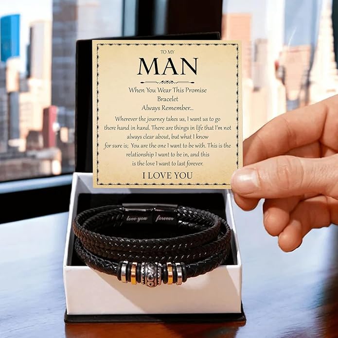 Mapileng To My Man – Braided Leather & Stainless Steel Bracelet with Heartfelt ‘Love You Forever’ - Elegant Gift Box Included, Gift from Girlfriend or Wife for Husband, Boyfriend, or Brother