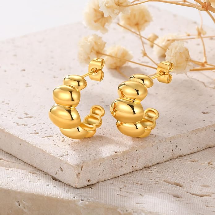 8YEARS Chunky Gold Hoop Earring for Women, 18K Gold Plated Lightweight Thick Hoops, Hypoallergenic Trendy Jewelry for Gift