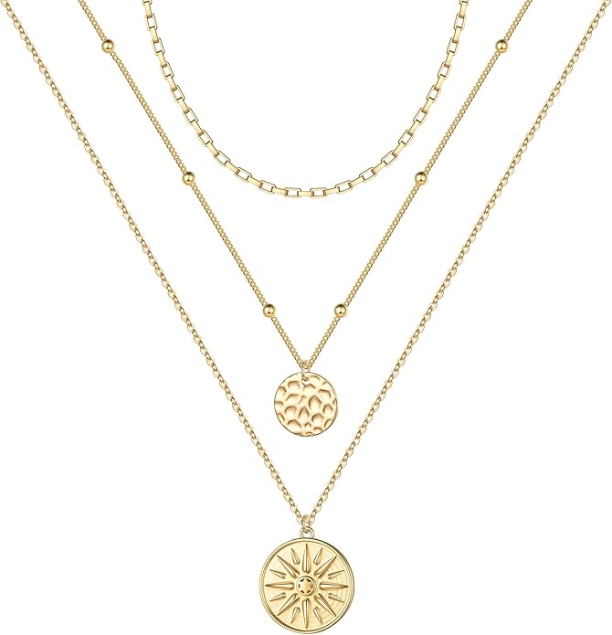 Turandoss Gold Layered Necklaces for Women - 14K Gold Plated Handmade Multilayer Bar Pearls Coin Disc Moon Butterfly Medallion Adjustable Dainty Layered Choker Necklaces for Women Jewelry