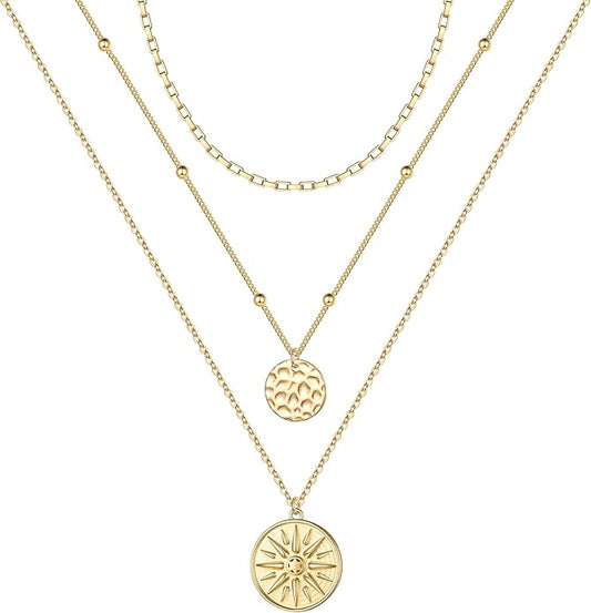 Turandoss Gold Layered Necklaces for Women - 14K Gold Plated Handmade Multilayer Bar Pearls Coin Disc Moon Butterfly Medallion Adjustable Dainty Layered Choker Necklaces for Women Jewelry