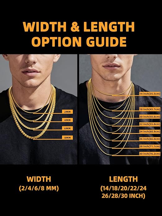 Bestyle 18K Gold Plated/Silver/Black Chain for Men, Hypoallergenic 2/4/6/8mm Stainless Steel Flat Link Chain Necklace for Men & Women Hip Hop Jewelry, 14-30"